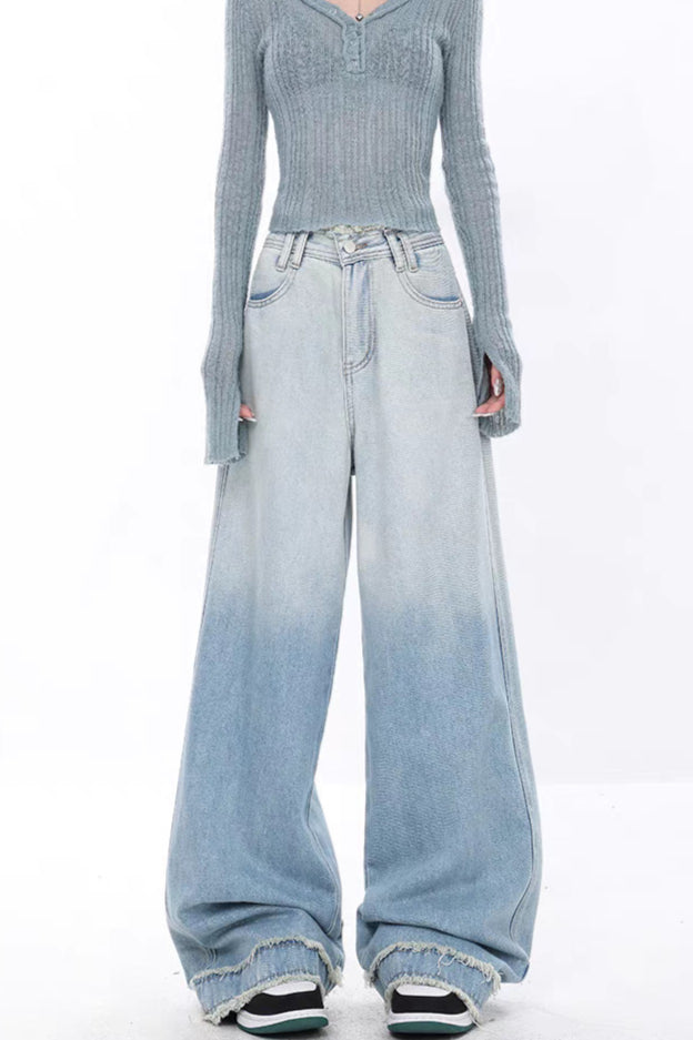 High Waist Draped Gradient Ripped Jeans