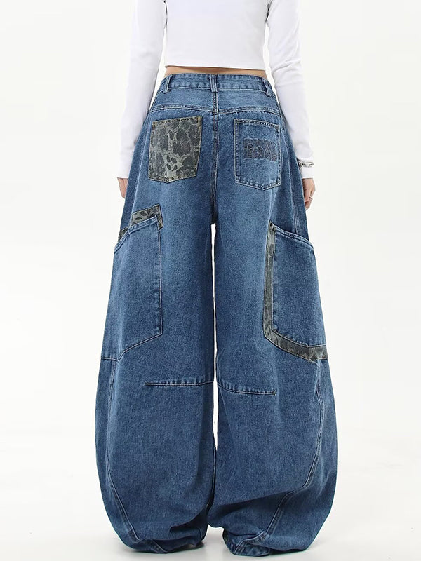American Retro Leopard Print Stitching Boyfriend Jeans