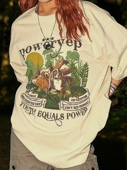 Vintage Dog Print Half Sleeve Oversized Short Sleeve Tee