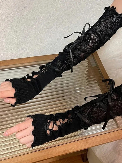 Gothic Lolita Black Fingerless Gloves
