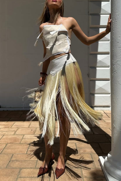 Fashionable Lace Appliqué Tassel Hem Vacation Maxi Skirt