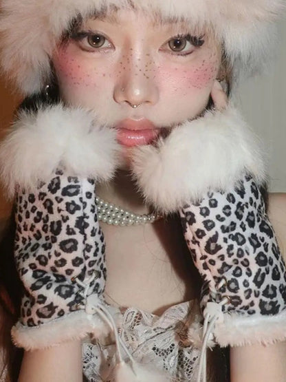 Thicken Fur Leopard Fingerless Gloves