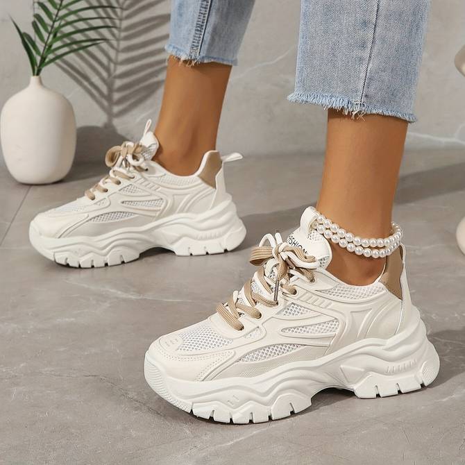 Women’s Stylish Mesh White Sneakers with Double Lace | Ideal for Everyday Wear