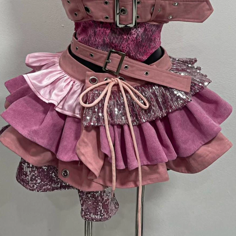 Glitter buckle patchwork ruffle mini skirt set  | Festival Outfits Women