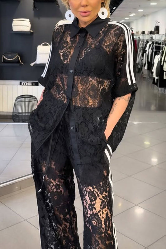 Mix Fashion Lace Striped Trim Short Sleeve Button Shirt and Elastic Waist Pocket Loose Pants Set