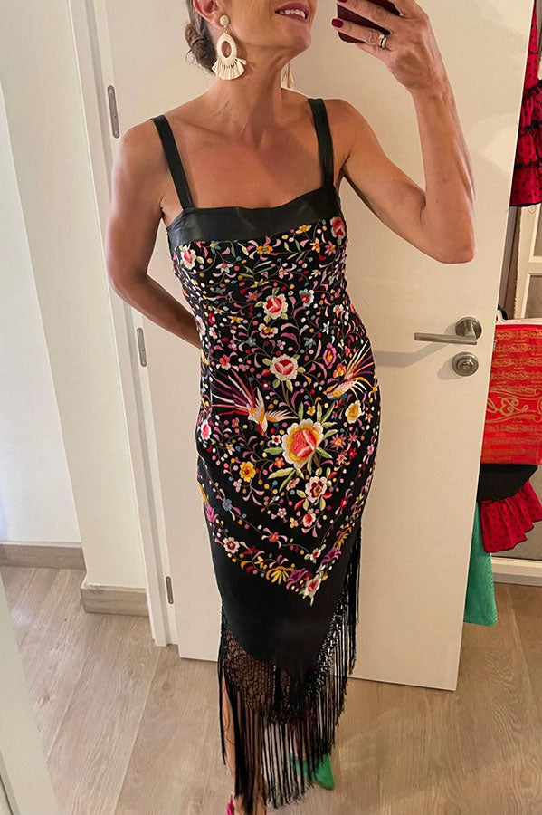 Ethnic Boho Floral Print Square Neck Tassel Hem Scarf Maxi Dress
