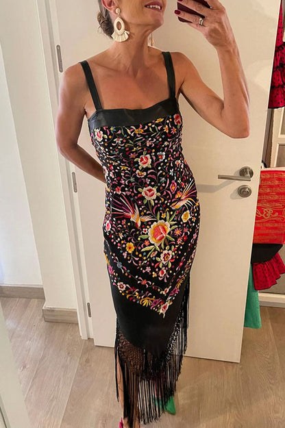 Ethnic Boho Floral Print Square Neck Tassel Hem Scarf Maxi Dress