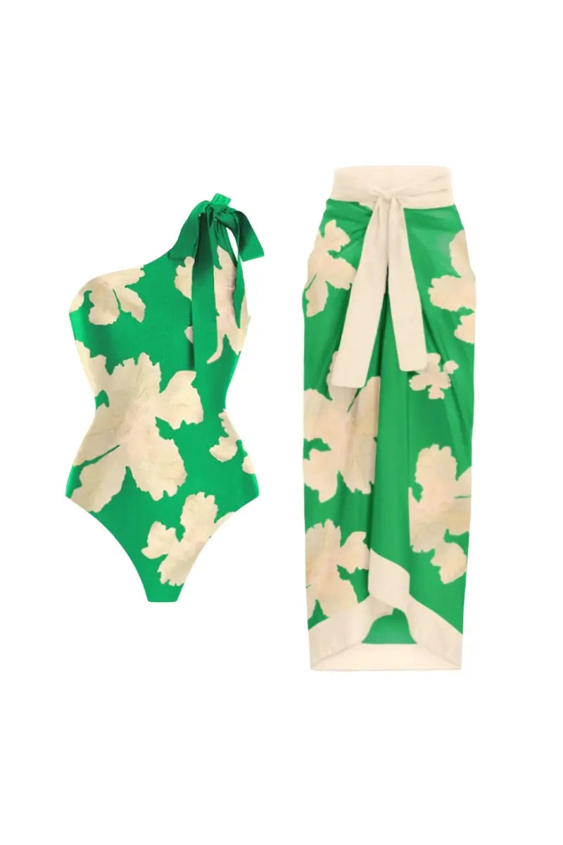 Conjunto de traje de baño con estampado de cinturón y falda cruzada