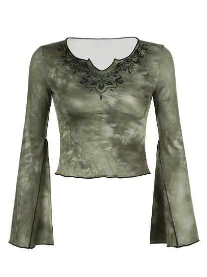 Tie Dye Flare Sleeve T-shirt, Y2K Notched Neck Lettuce Trim Long Sleeve Top For & Fall, Clothing