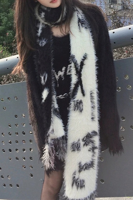 Y2K Black White Japanese Cute Cartoon Long Luxury Warm Autumn Winter Scarf