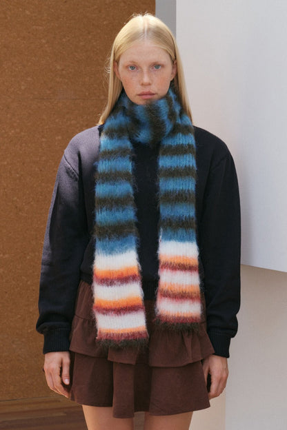 Contrast Striped Narrow Soft Wool Blend Knitted Scarf