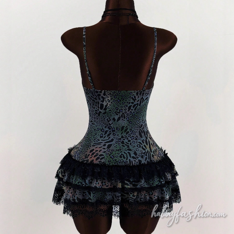 Leopard print lace hem v neck cami mini dress