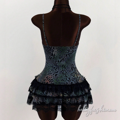 Leopard print lace hem v neck cami mini dress