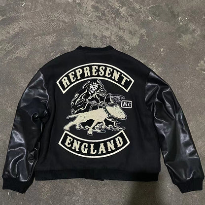 Dog Embroidered Leather Sleeve American Retro Baseball Jacket