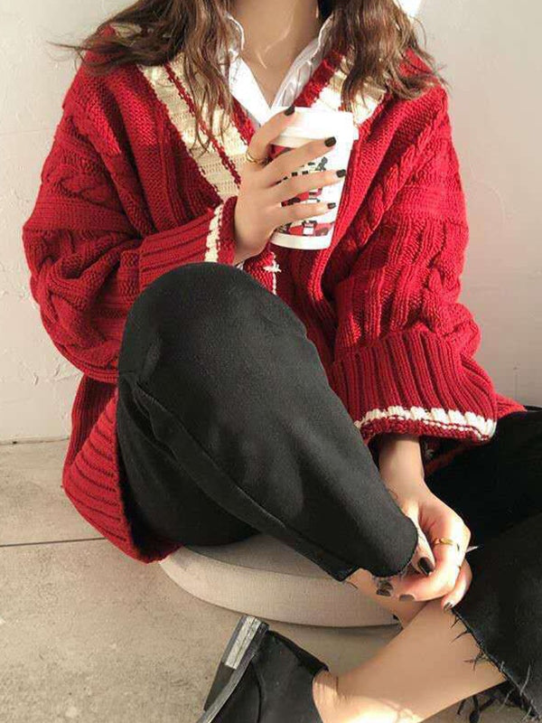 Contrast Color V Neck Cable Knit Sweater
