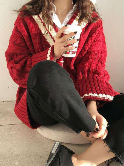 Contrast Color V Neck Cable Knit Sweater