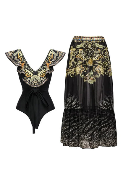 Conjunto de traje de baño con lazo y volantes con estampado dorado y negro