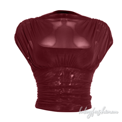 Ruched mesh crewneck solid top