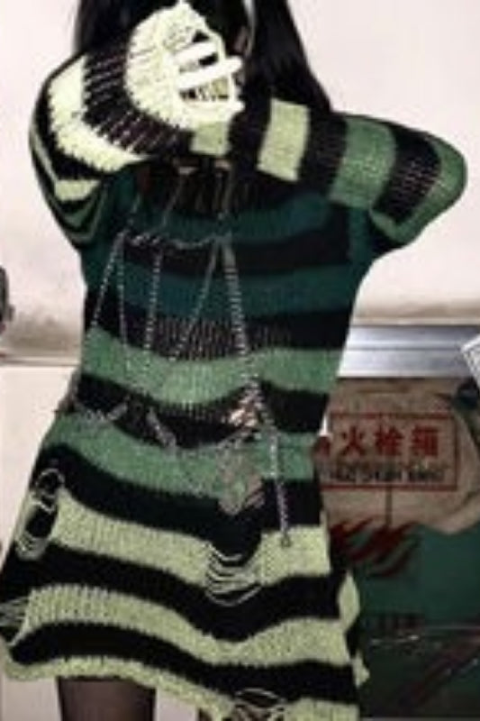 Goth Striped Ripped Long Sleeve Knitted Sweater