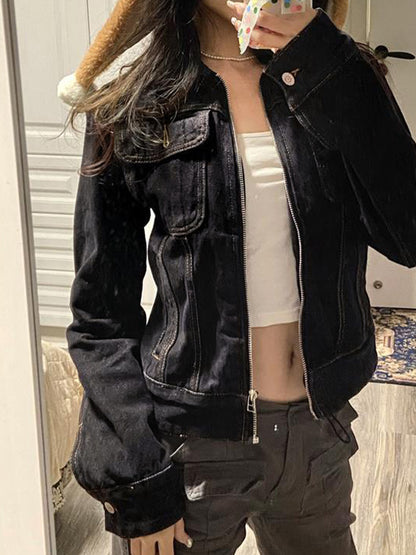 Denim Lapel Neck Zip Up Short Jacket