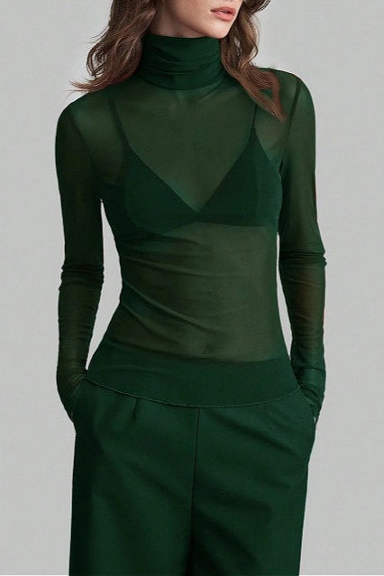 Solid Mandarin Collar Mesh Top