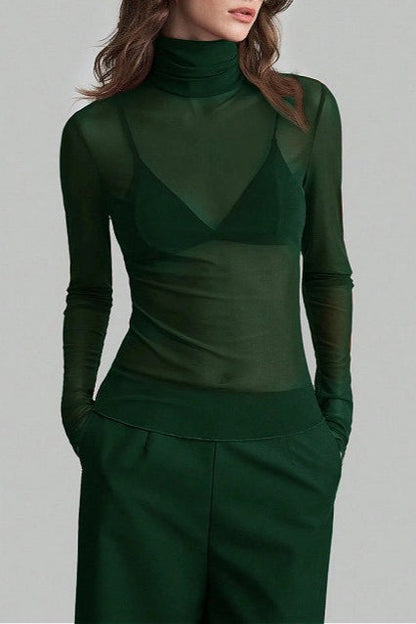 Solid Mandarin Collar Mesh Top