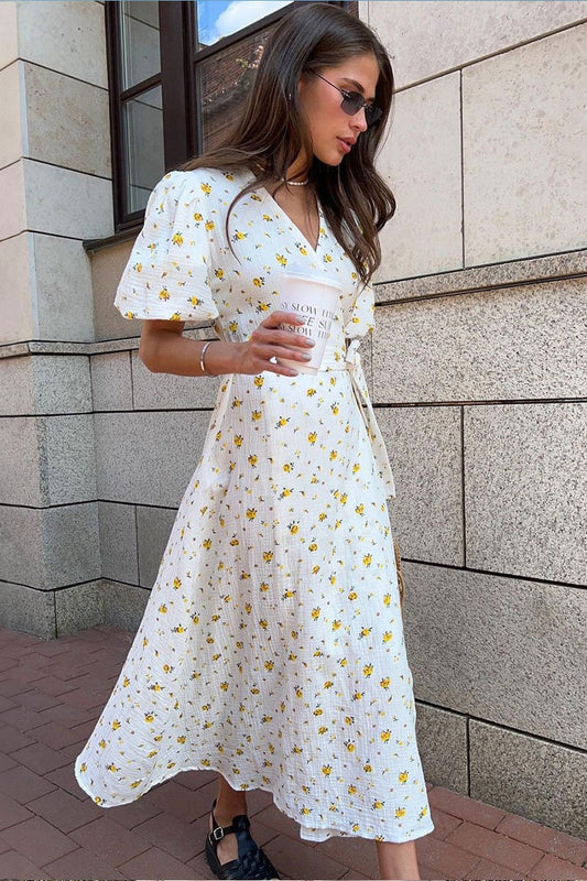 Cotton Printed Puff Sleeve Midi Dress