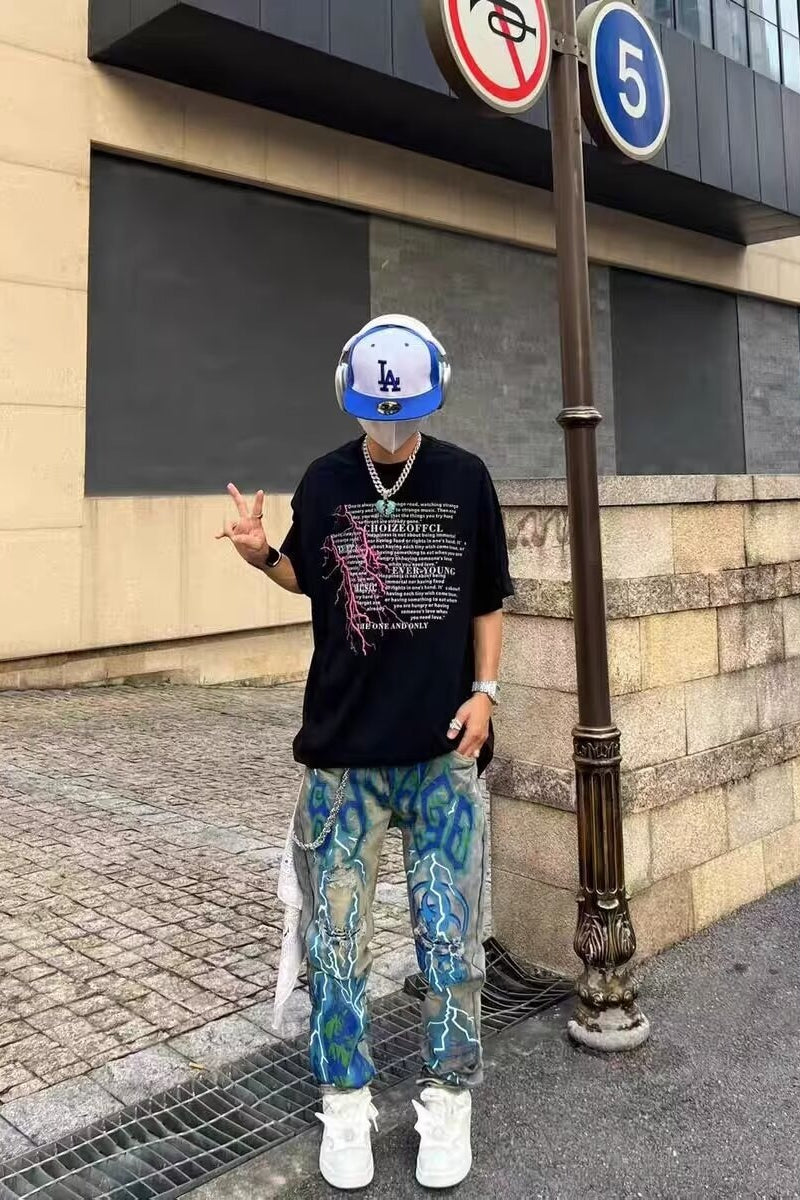 Ripped Printed Stretch Slim Denim Pants