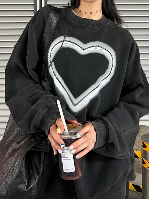 Distressed Heart Print Crew Neck Sweatshirt