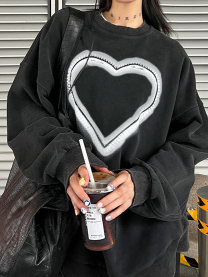 Distressed Heart Print Crew Neck Sweatshirt