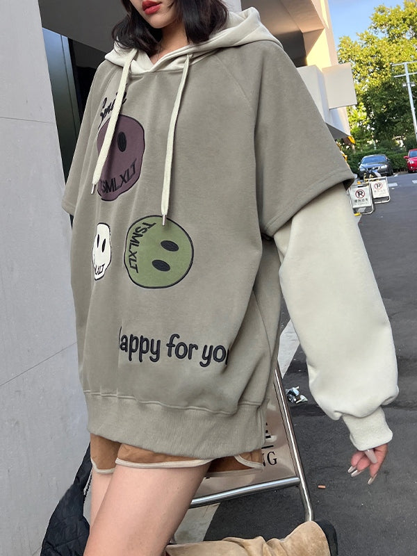 Smiling Print Splice Drawstring Oversized Hoodie