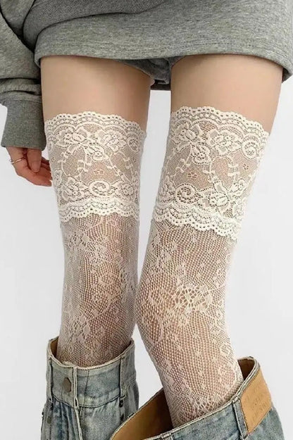 Lace Trim Y2K Floral Fishnet Over Knee Mesh Socks