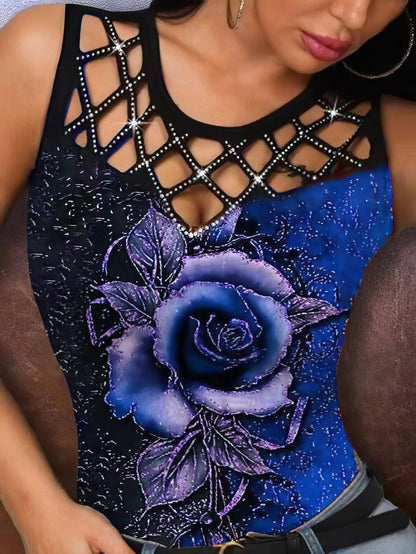 3D Rose Hollow Crew Neck Tank Top for Women