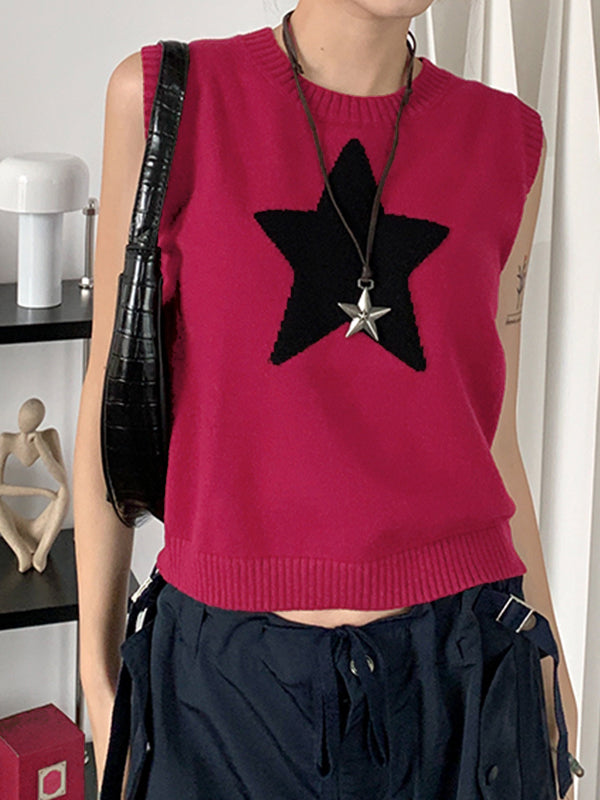 Star Jacquard Crew Neck Cropped Sweater Vest