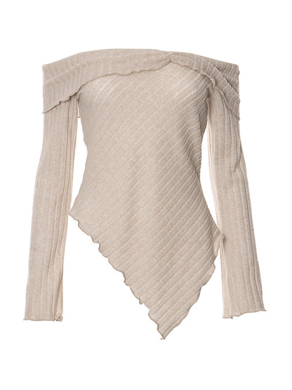 Solid Off Shoulder Fungus Irregular Hem Long Sleeve Knit