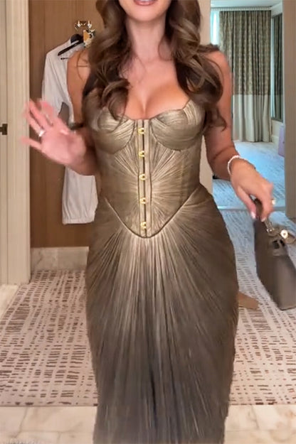 Vegas Queen Metallic Pleated Sculpted Bodice Back Lace-up Drape Maxi Dress