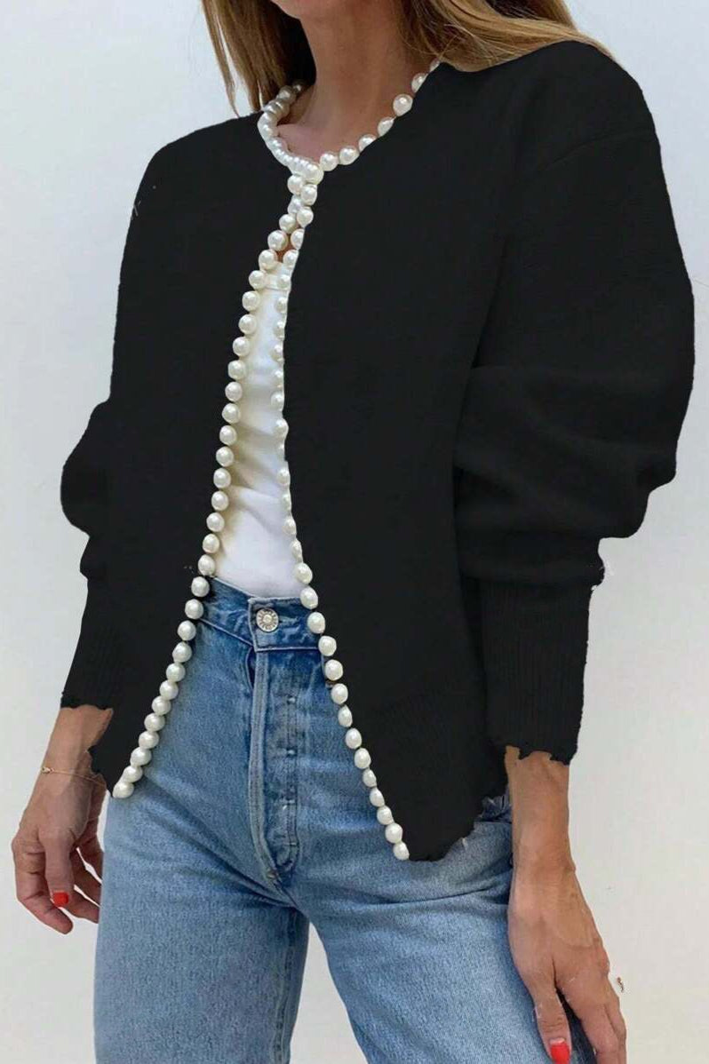 Pearl-Trimmed Crew-Neck Heavy-Detail Knit Cardigan