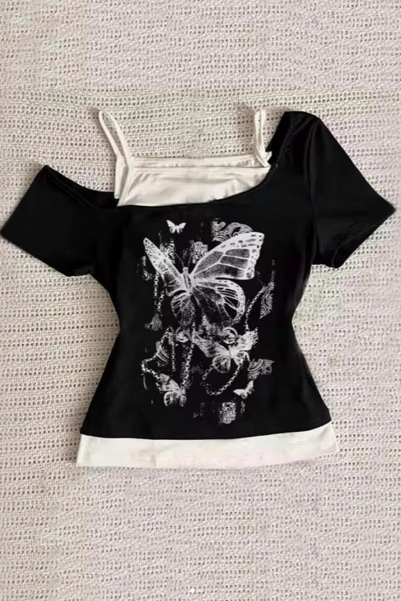 Y2K Vintage Graphic Fake Two-Piece Slim Cami T-shirt