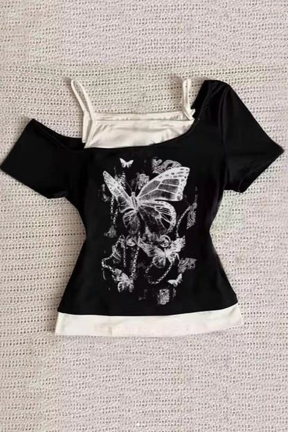 Y2K Vintage Graphic Fake Two-Piece Slim Cami T-shirt