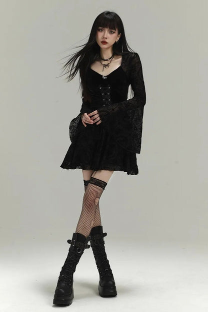 Black Velvet Lace Splice Bowknot Bell Sleeve Goth Mini Dress