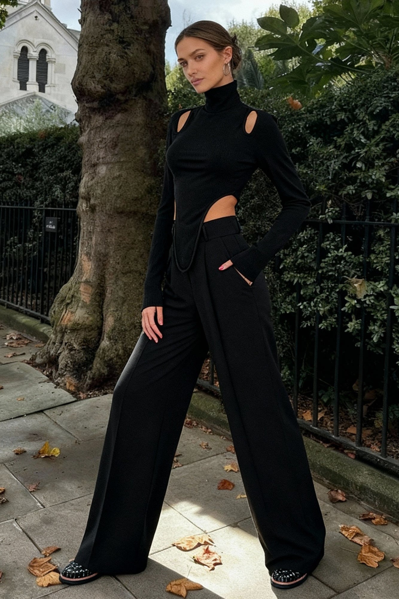 Cut Out High Trendy Neck Asymmetric Hem Top