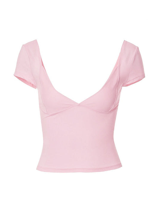 Solid Color Vintage Backless Crop Top with Plunge Neck