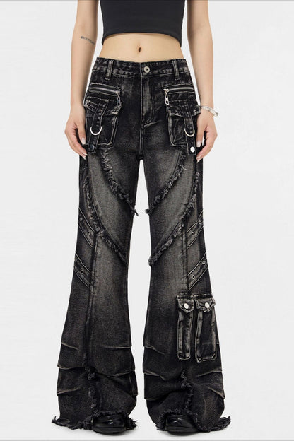 Edgy Design Flared Jeans Pants