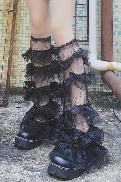 Kawaii Y2K Layered Mesh Ruffle  Leg Warmers