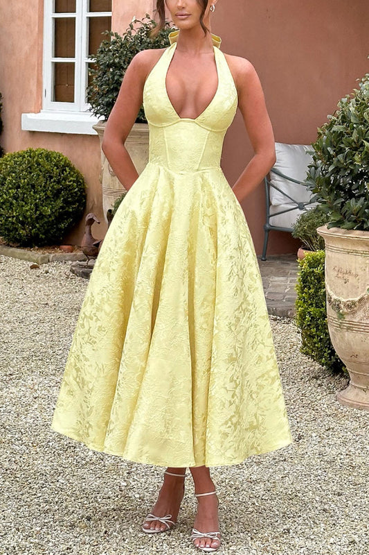 Stylish Jacquard Halter Neck Fitted Waist Open Back Elegant Midi Dress