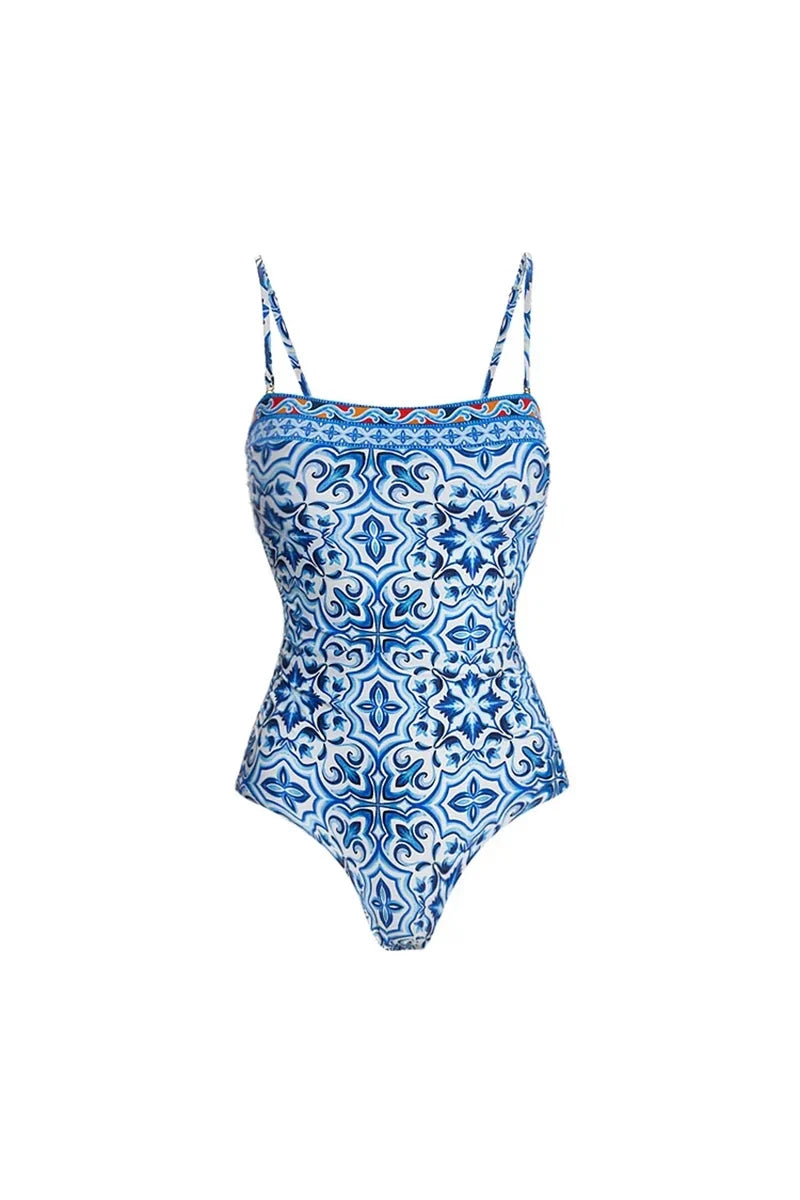 Conjunto de traje de baño con estampado étnico azul