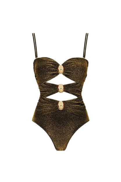 Traje de baño de una pieza brillante con recorte y hebilla dorada