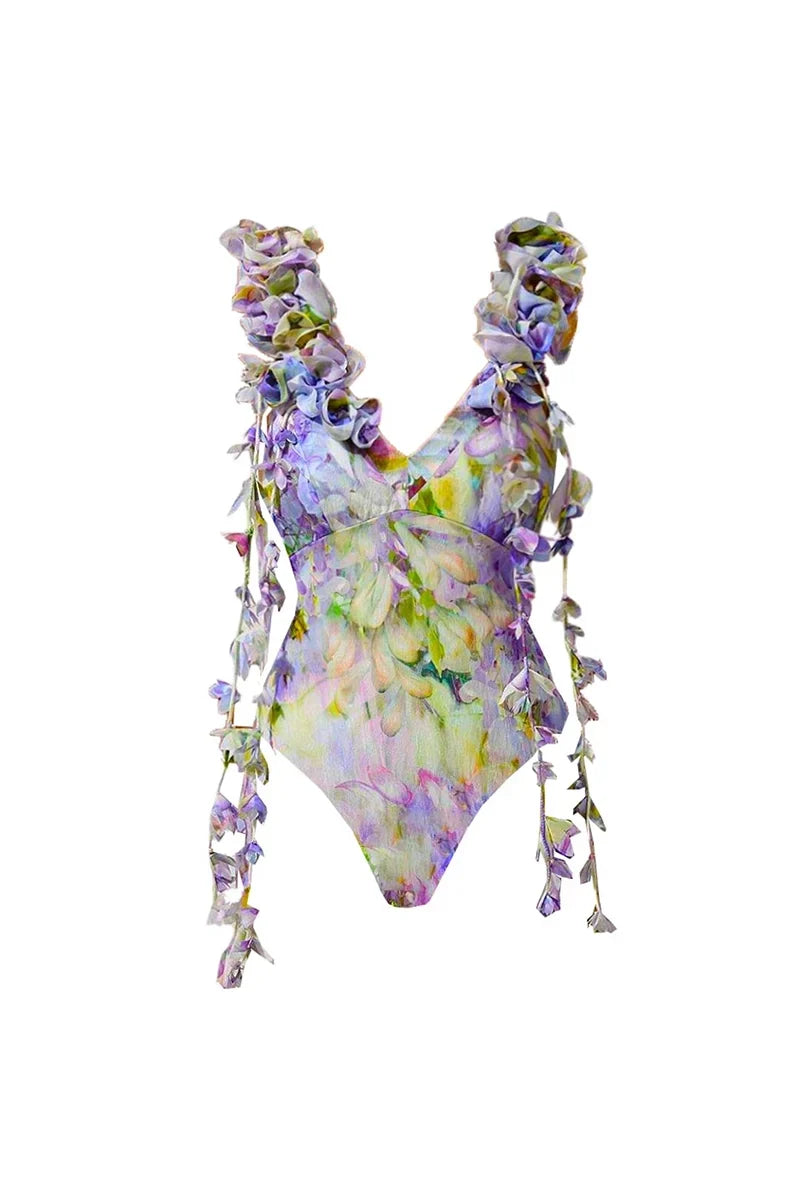 Traje de baño estilo hada con lazo y apliques florales