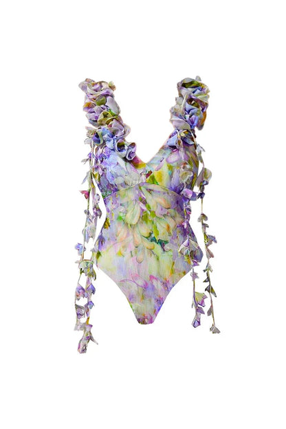 Traje de baño estilo hada con lazo y apliques florales