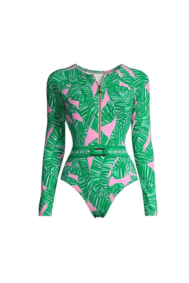 Conjunto de surf floral con cremallera verde
